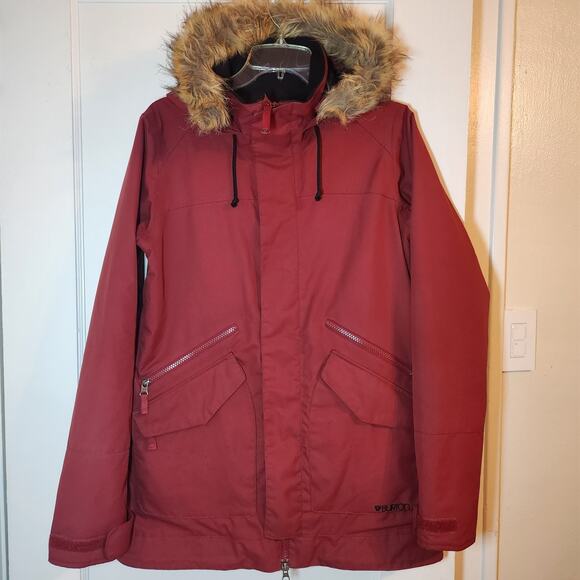 Burton Jacket Womens Med, Burgundy, Fur Trimmed Hood, Pockets, Side Vents - Picture 1 of 14